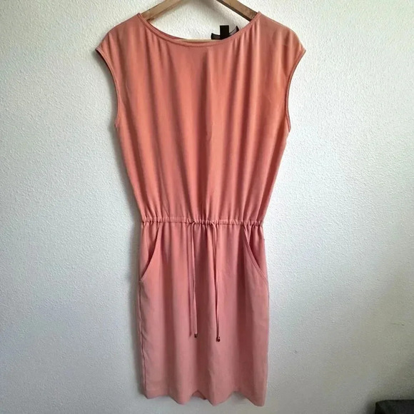 ST. JOHN | Peach Elastic Drawstring Waist Side Pocket Cap Sleeves Dress | Size 2 - Picture 2 of 10